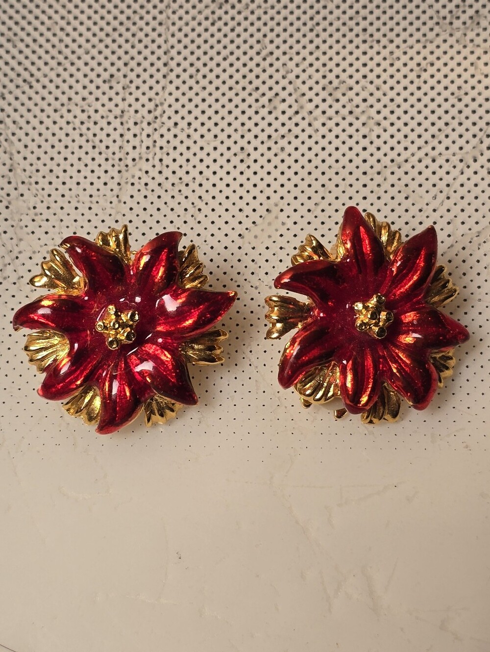 Red and Gold Pointsetta Floral Holiday Clip-On Earrings